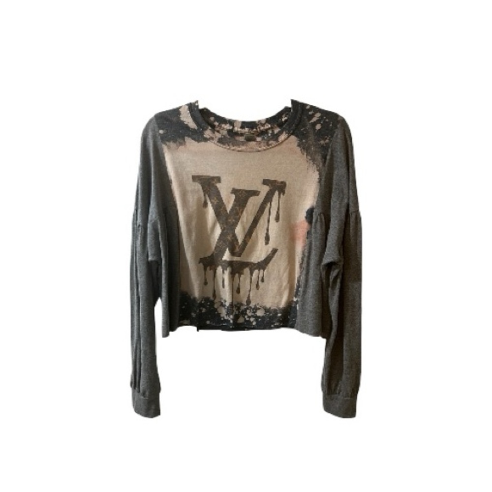 One of a kind Upcycled Gray Cropped Graphic t shirt with Distressed LV Logo